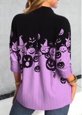 Purple tops,Black tops,Halloween tops,ROTITA Halloween Button Purple Shirt Collar Long Sleeve Blouse
