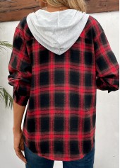 Red tops,Black tops,Plaid tops,Striped tops,Geometric tops,Ombre tops,Patchwork Plaid Red Hooded Long Sleeve Coat