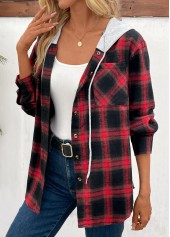 Red tops,Black tops,Plaid tops,Striped tops,Geometric tops,Ombre tops,Patchwork Plaid Red Hooded Long Sleeve Coat
