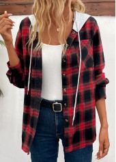 Red tops,Black tops,Plaid tops,Striped tops,Geometric tops,Ombre tops,Patchwork Plaid Red Hooded Long Sleeve Coat