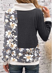 Dark Grey tops,Floral tops,ROTITA Patchwork Floral Print Dark Grey Cowl Neck Sweatshirt