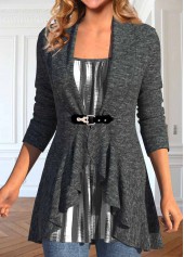 Dark Grey tops,Geometric tops,Striped tops,ROTITA Geometric Print Dark Grey Fake Two Piece Twinset