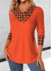 Brick Red tops,Plaid tops,Striped tops,Geometric tops,ROTITA Patchwork Plaid Brick Red Asymmetrical Neck Sweatshirt