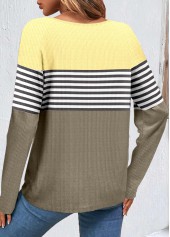 Sage Green tops,Light Yellow tops,Striped tops,ROTITA Patchwork Striped Sage Green Scoop Neck Sweatshirt