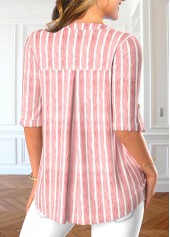 Light Pink tops,Striped tops,ROTITA Button Striped Light Pink Split Neck Blouse