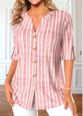 Light Pink tops,Striped tops,ROTITA Button Striped Light Pink Split Neck Blouse