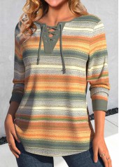 Multi Color tops,Striped tops,Geometric tops,ROTITA Lace Up Striped Multi Color T Shirt