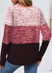 Pink tops,Contrast Color tops,ROTITA Patchwork Pink Round Neck Long Sleeve Sweatshirt