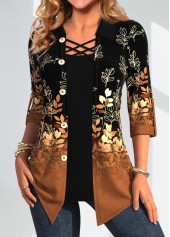 Dark Camel tops,Black tops,Plants tops,Geometric tops,ROTITA Leaf Print Dark Camel Fake Two Piece Twinset