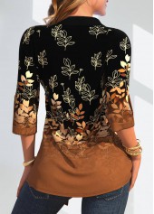 Dark Camel tops,Black tops,Plants tops,Geometric tops,ROTITA Leaf Print Dark Camel Fake Two Piece Twinset