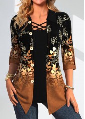 ensemble deux pièces en faux chameau foncé à imprimé feuilles de rotita