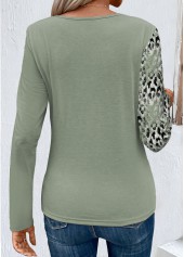 Sage Green tops,Leopard tops,Animal Print tops,ROTITA Patchwork Leopard Sage Green Round Neck T Shirt