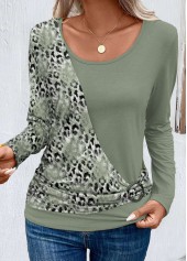 Sage Green tops,Leopard tops,Animal Print tops,ROTITA Patchwork Leopard Sage Green Round Neck T Shirt