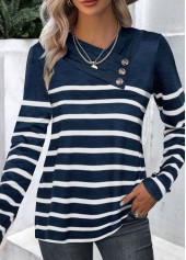 Navy tops,White tops,Striped tops,Geometric tops,ROTITA Button Striped Navy Asymmetrical Neck T Shirt