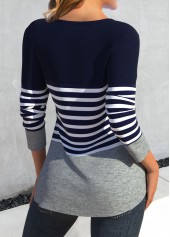 Navy tops,Grey tops,Striped tops,Geometric tops,ROTITA Patchwork Striped Navy Round Neck T Shirt