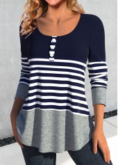 Navy tops,Grey tops,Striped tops,Geometric tops,ROTITA Patchwork Striped Navy Round Neck T Shirt