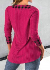 Hot Pink tops,Plaid tops,Striped tops,Geometric tops,ROTITA Patchwork Plaid Hot Pink Asymmetrical Neck Sweatshirt