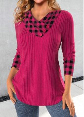 Hot Pink tops,Plaid tops,Striped tops,Geometric tops,ROTITA Patchwork Plaid Hot Pink Asymmetrical Neck Sweatshirt