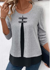 Light Grey Marl tops,Contrast Color tops,ROTITA Plus Size Layered Round Neck Fake Two Piece Twinset