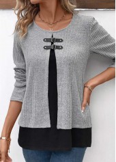 Light Grey Marl tops,Contrast Color tops,ROTITA Plus Size Layered Round Neck Fake Two Piece Twinset