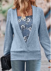 Rotita Fake 2-in-1-Sweatshirt mit zufälligem Blumendruck in Staubblau