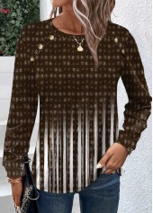 Dark Camel tops,Ombre tops,Striped tops,Geometric tops,ROTITA Button Ombre Dark Camel Round Neck T Shirt