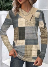 Multi Color tops,Geometric tops,Plaid tops,ROTITA Button Geometric Print Multi Color T Shirt