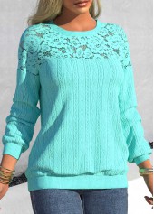 Cyan tops,Plain Color tops,ROTITA Patchwork Cyan Round Neck Long Sleeve Sweatshirt