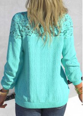 Cyan tops,Plain Color tops,ROTITA Patchwork Cyan Round Neck Long Sleeve Sweatshirt