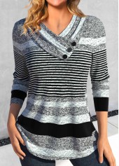 ROTITA Asymmetry Striped Grey Asymmetrical Neck T Shirt