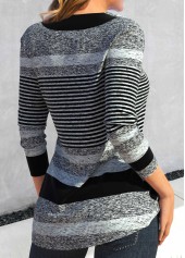 Grey tops,Striped tops,Geometric tops,ROTITA Asymmetry Striped Grey Asymmetrical Neck T Shirt