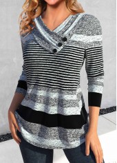 Grey tops,Striped tops,Geometric tops,ROTITA Asymmetry Striped Grey Asymmetrical Neck T Shirt