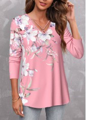 Pink tops,Floral tops,Plants tops,ROTITA Circular Ring Floral Print Pink T Shirt