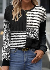 Black tops,Striped tops,Geometric tops,ROTITA Patchwork Striped Black Round Neck Long Sleeve Sweatshirt