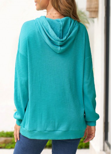 Cyan tops,Plain Color tops,ROTITA Lace Up Cyan Long Sleeve Hoodie