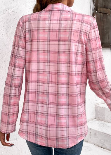 Pink tops,Plaid tops,Geometric tops,Dot tops,ROTITA Button Plaid Pink Shirt Collar Long Sleeve Blouse