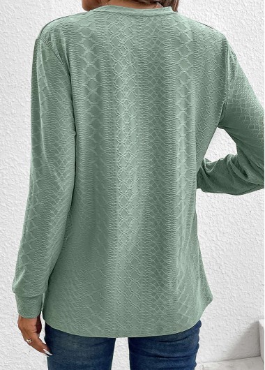 Green tops,Plain Color tops,ROTITA Button Green Split Neck Long Sleeve T Shirt