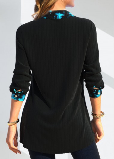 Black tops,Geometric tops,ROTITA Fake 2in1 Geometric Print Black Shirt Collar Blouse