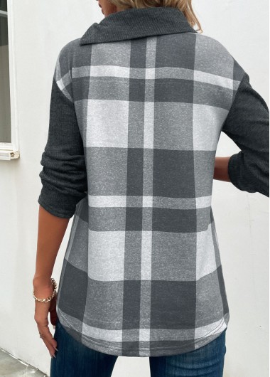 Dark Grey Marl tops,Plaid tops,Striped tops,ROTITA Patchwork Plaid Dark Grey Marl Asymmetrical Neck Sweatshirt