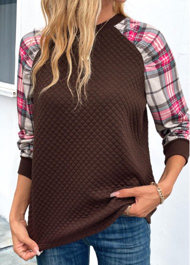 patchwork plaid dark coffee round neck long sleeve sweatshirt
