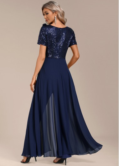 Navy jumpsuits&rompers,Plain Color jumpsuits&rompers,ROTITA Sequin Navy Long V Neck Short Sleeve Jumpsuit