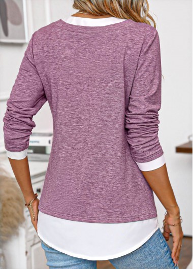 Dark Reddish Purple tops,Contrast Color tops,ROTITA Patchwork Dark Reddish Purple Split Neck T Shirt