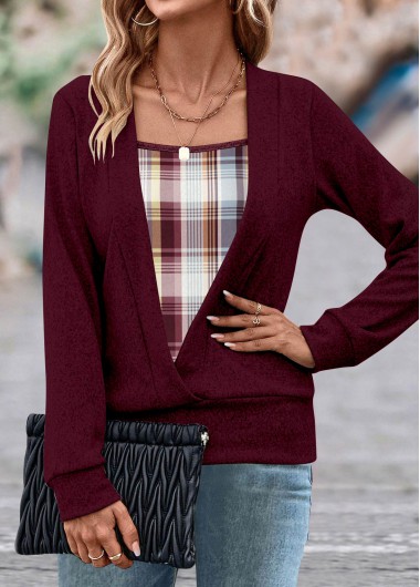Wine Red tops,Plaid tops,Striped tops,Geometric tops,ROTITA Fake 2in1 Plaid Wine Red Square Neck Sweatshirt