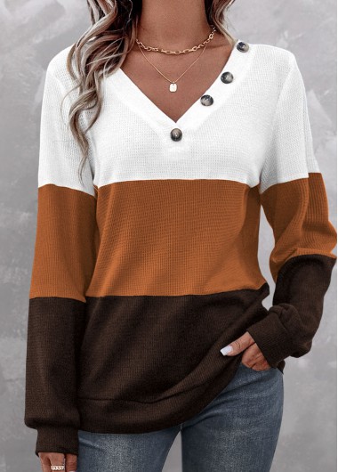 Dark Coffee tops,White tops,Contrast Color tops,ROTITA Patchwork Dark Coffee V Neck Long Sleeve Sweatshirt