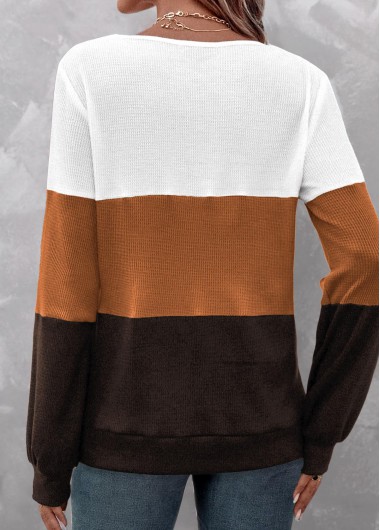 Dark Coffee tops,White tops,Contrast Color tops,ROTITA Patchwork Dark Coffee V Neck Long Sleeve Sweatshirt