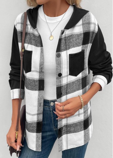 Black tops,White tops,Plaid tops,Striped tops,Geometric tops,ROTITA Patchwork Plaid Black Hooded Long Sleeve Coat