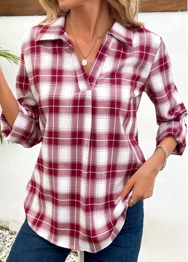 Split Plaid Wine Red Turn Down Collar Blouse