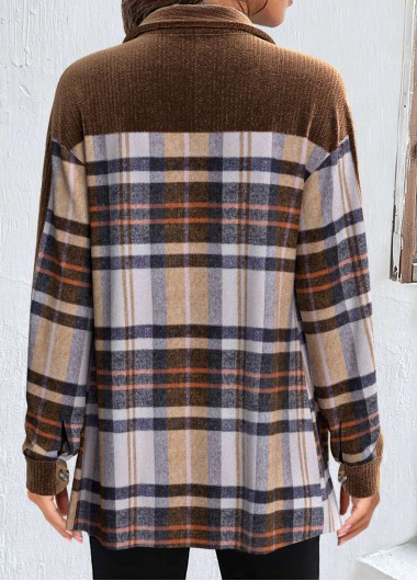 Light Coffee tops,Plaid tops,Striped tops,Geometric tops,ROTITA Patchwork Plaid Light Coffee Shirt Collar Coat