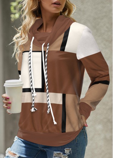 Dark Coffee tops,Light Coffee tops,Geometric tops,Striped tops,ROTITA Lace Up Geometric Print Dark Coffee Sweatshirt