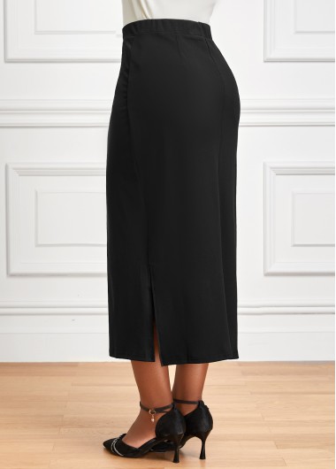 Black bottoms,Plain Color bottoms,Side Split Black Elastic Waist Bodycon Skirt